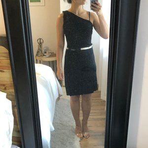 Assymetrical drape back dress with patent belt